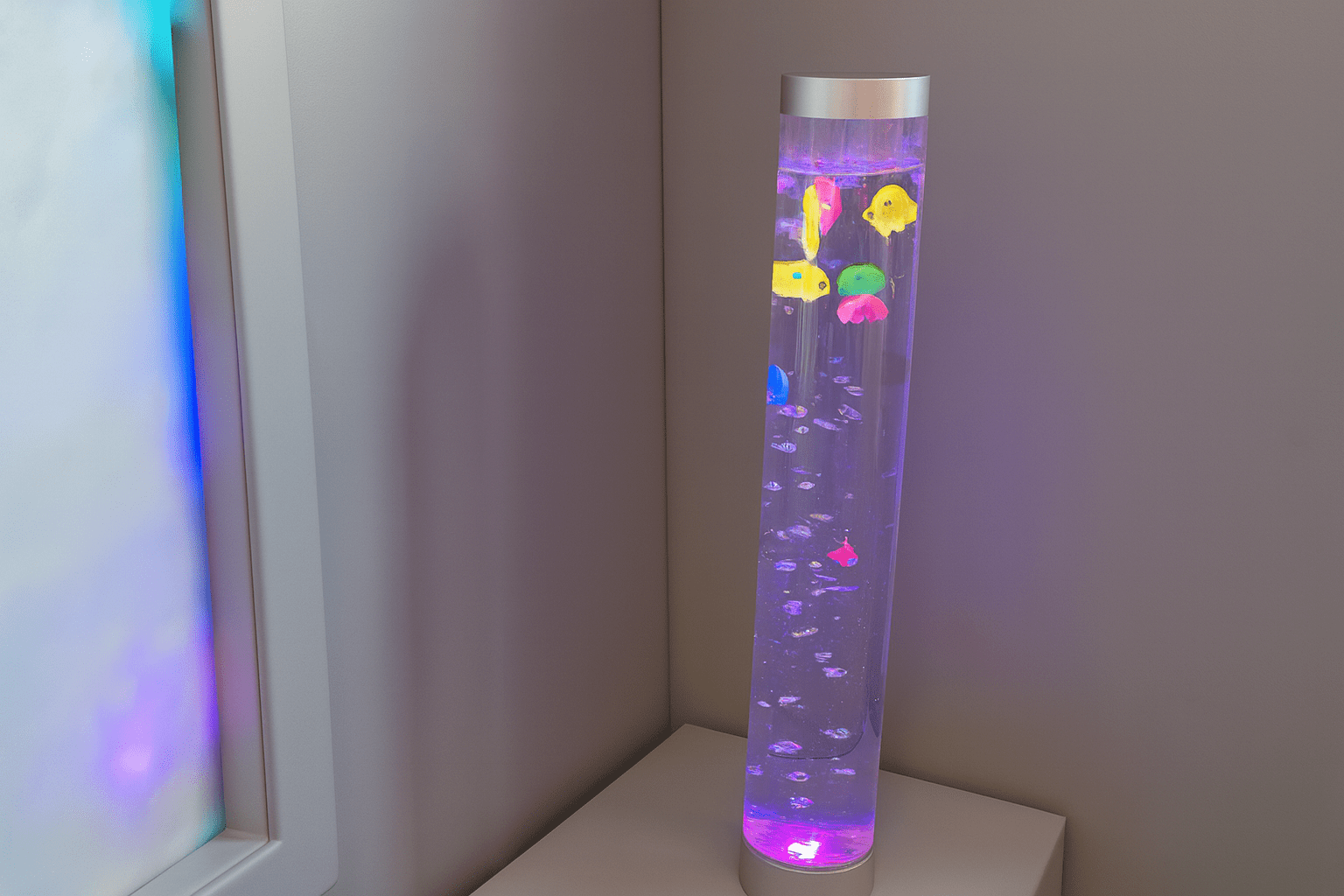 Picture of plastic fishes being moved by bubbles in a long vertical tube of bubbles